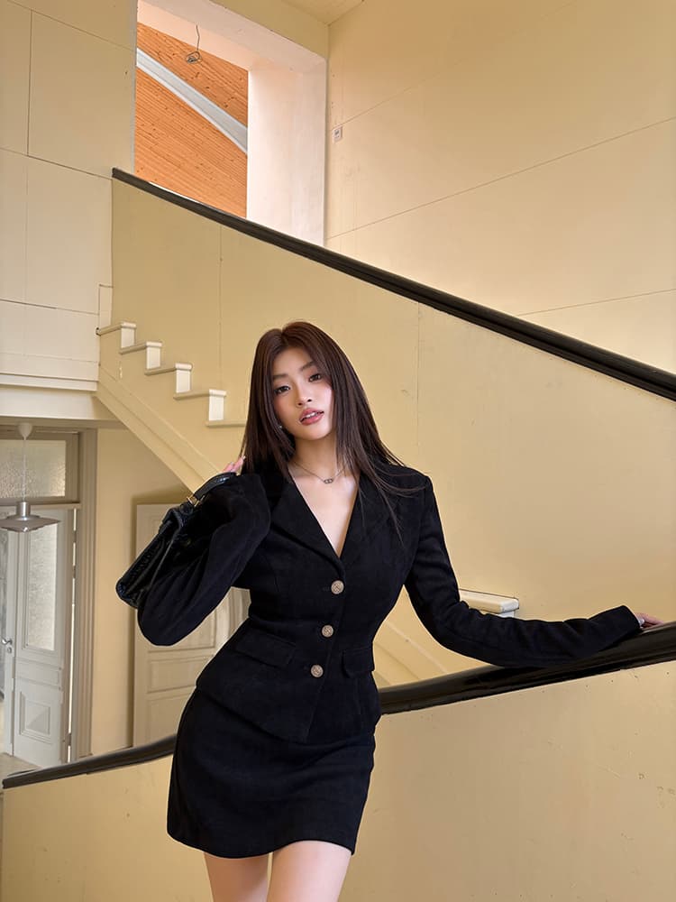 실사 2026 가을 새로운 검정색 작은 샤넬 스타일 여성 품격 허리 수축 블레이저 타이트 스커트 미니 스커트 투피스 슈트 상세 이미지 36
