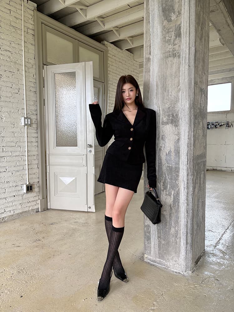 실사 2026 가을 새로운 검정색 작은 샤넬 스타일 여성 품격 허리 수축 블레이저 타이트 스커트 미니 스커트 투피스 슈트 상세 이미지 46