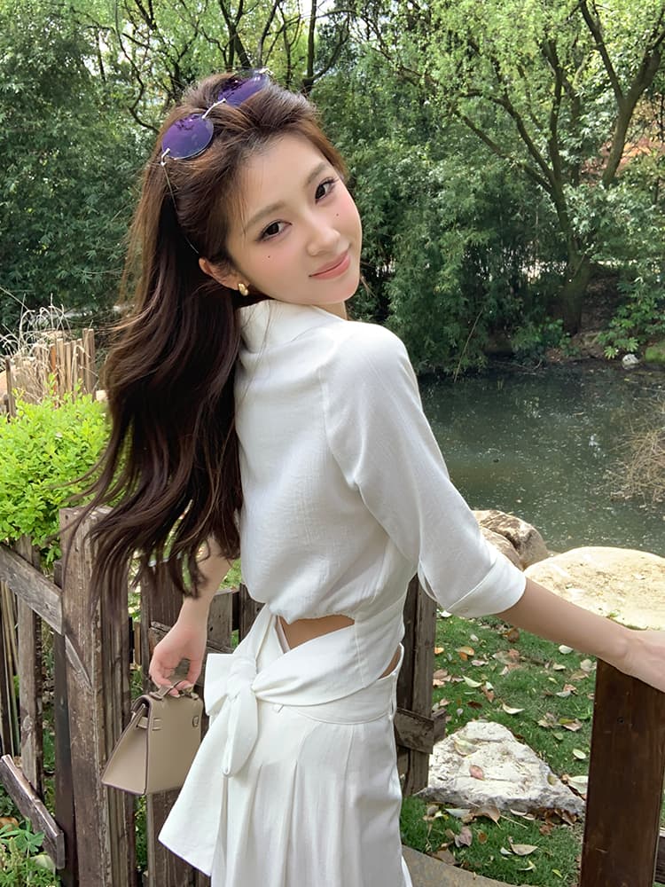 실사 2026 봄 여름 새로운 스트랩 나비 매듭 흰 셔츠 맨위 여성 도루 센스 와이드 레그 팬츠 캐주얼 출퇴근 세트 상세 이미지 16