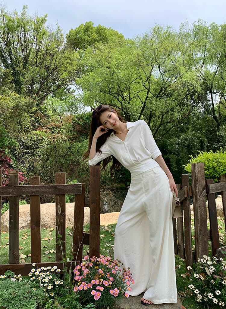 실사 2026 봄 여름 새로운 스트랩 나비 매듭 흰 셔츠 맨위 여성 도루 센스 와이드 레그 팬츠 캐주얼 출퇴근 세트 상세 이미지 22