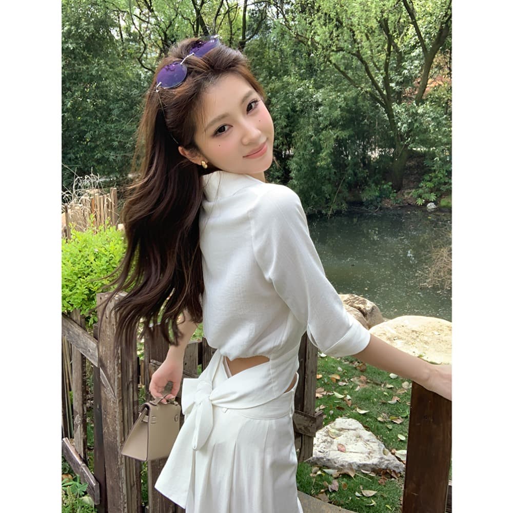 실사 2026 가을 새로운 스트랩 나비 매듭 흰 셔츠 맨위 여성 도루 센스 와이드 레그 팬츠 캐주얼 출퇴근 세트 이미지 3