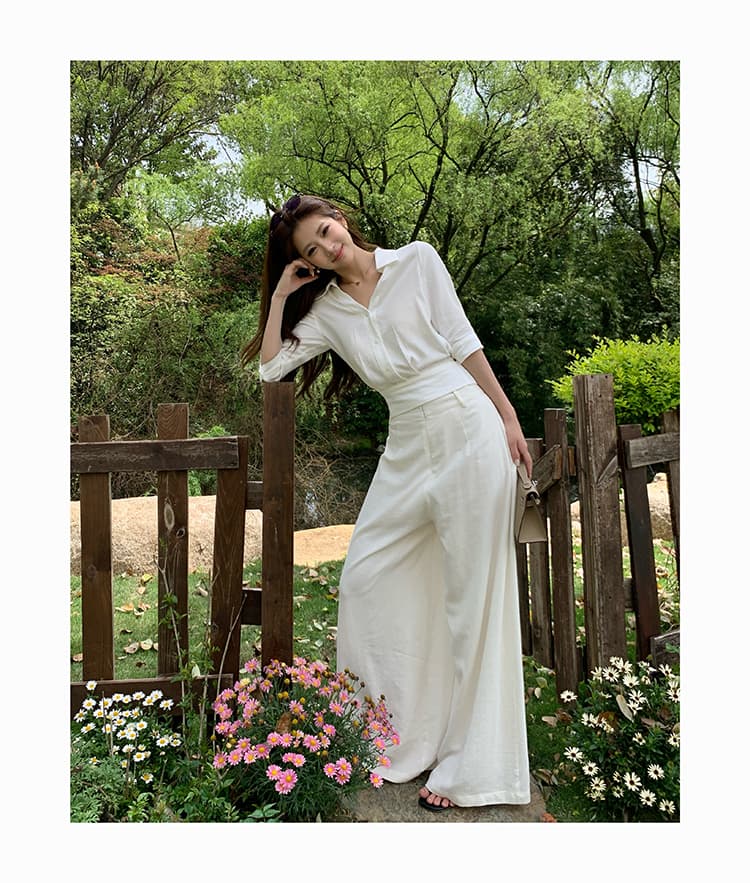 실사 2026 가을 새로운 스트랩 나비 매듭 흰 셔츠 맨위 여성 도루 센스 와이드 레그 팬츠 캐주얼 출퇴근 세트 상세 이미지 1