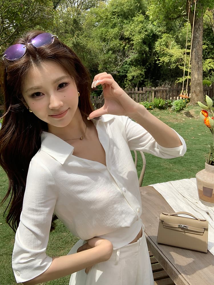 실사 2026 가을 새로운 스트랩 나비 매듭 흰 셔츠 맨위 여성 도루 센스 와이드 레그 팬츠 캐주얼 출퇴근 세트 상세 이미지 8