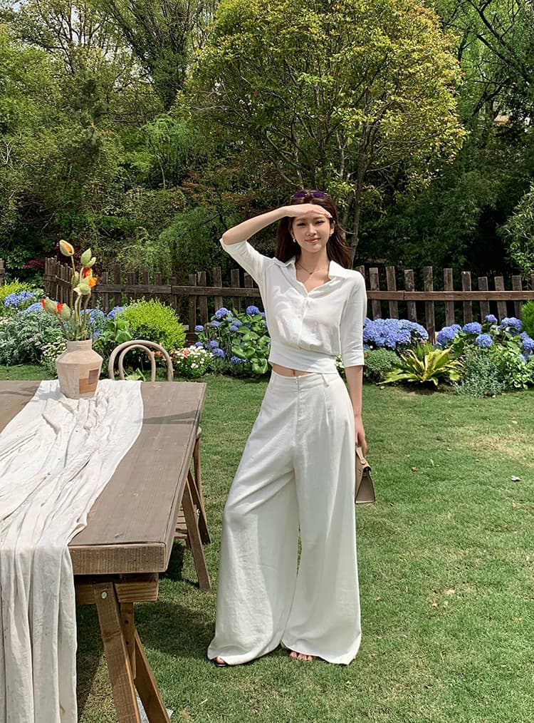 실사 2026 가을 새로운 스트랩 나비 매듭 흰 셔츠 맨위 여성 도루 센스 와이드 레그 팬츠 캐주얼 출퇴근 세트 상세 이미지 34