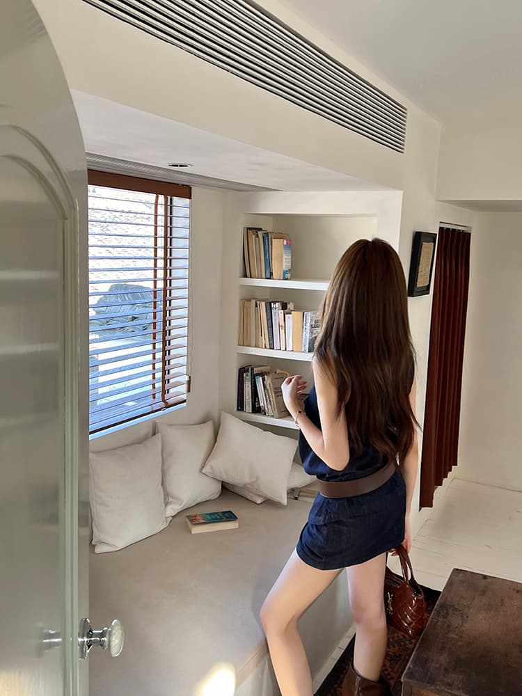 실사 2026 봄 여름 새로운 디자인 단색 캐주얼 데님 흔들다 칼라 조끼 여성 반신 스커트 미니 스커트 투피스 슈트 상세 이미지 12