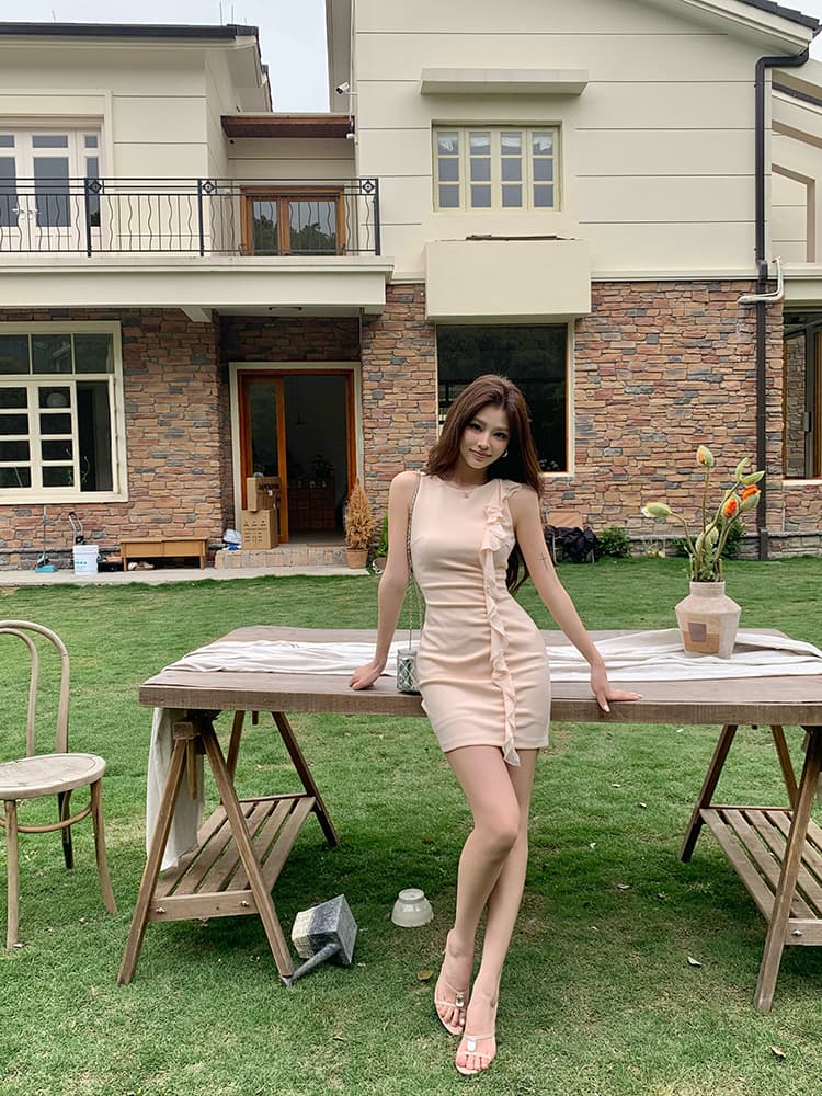 실사 2026 여름 드레스 새로운 프릴 부드러운 품격 민소매 드레스 몸매 가꾸기 슬림해 보이는 타이트 스커트 미니 스커트 여성 상세 이미지 42