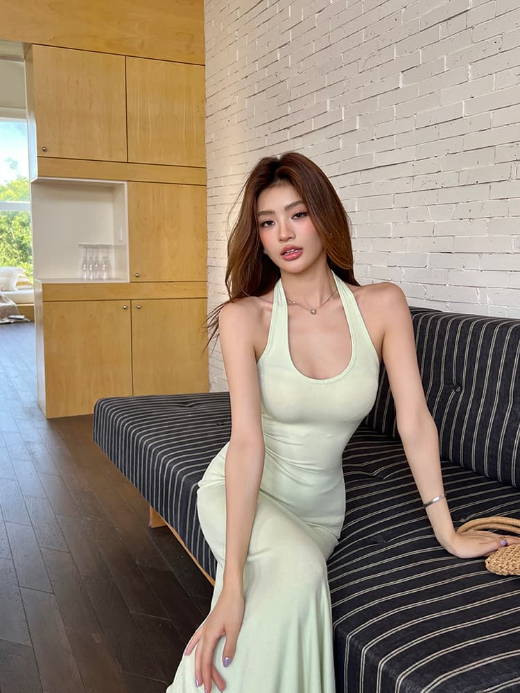 실사 2026 여름 드레스 새로운 신선함 여름 행침 목 백리스 타이트 여성 드레스 품격 섹시함 길다 치마 상세 이미지 12