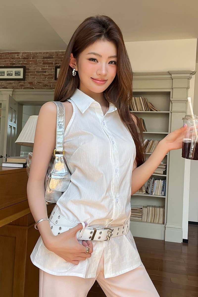 실사 2026 여름 드레스 새로운 디자인 폴로 칼라 민소매 화이트 셔츠 조끼 여성 세련된 품격 다용도 맨위 이미지 7