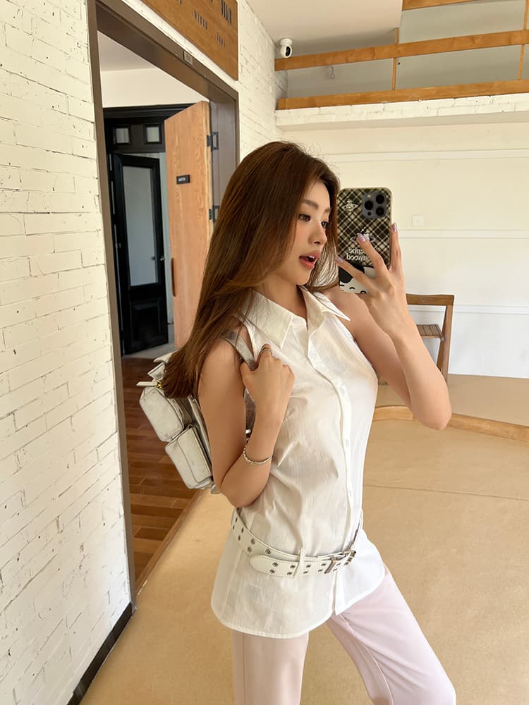실사 2026 여름 드레스 새로운 디자인 폴로 칼라 민소매 화이트 셔츠 조끼 여성 세련된 품격 다용도 맨위 상세 이미지 9