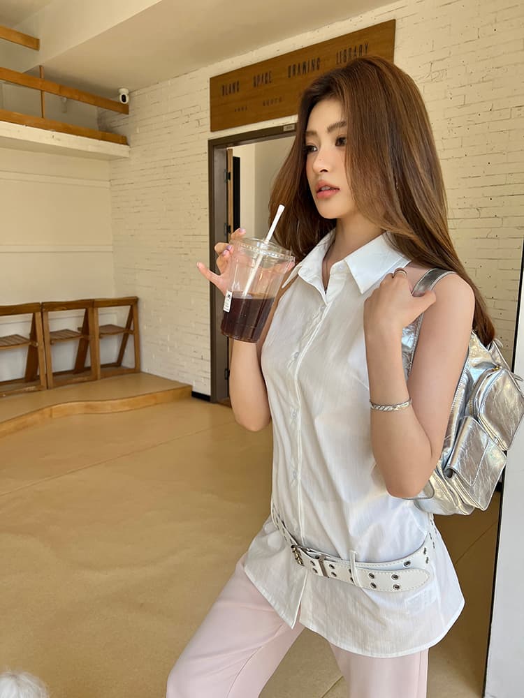 실사 2026 여름 드레스 새로운 디자인 폴로 칼라 민소매 화이트 셔츠 조끼 여성 세련된 품격 다용도 맨위 상세 이미지 25