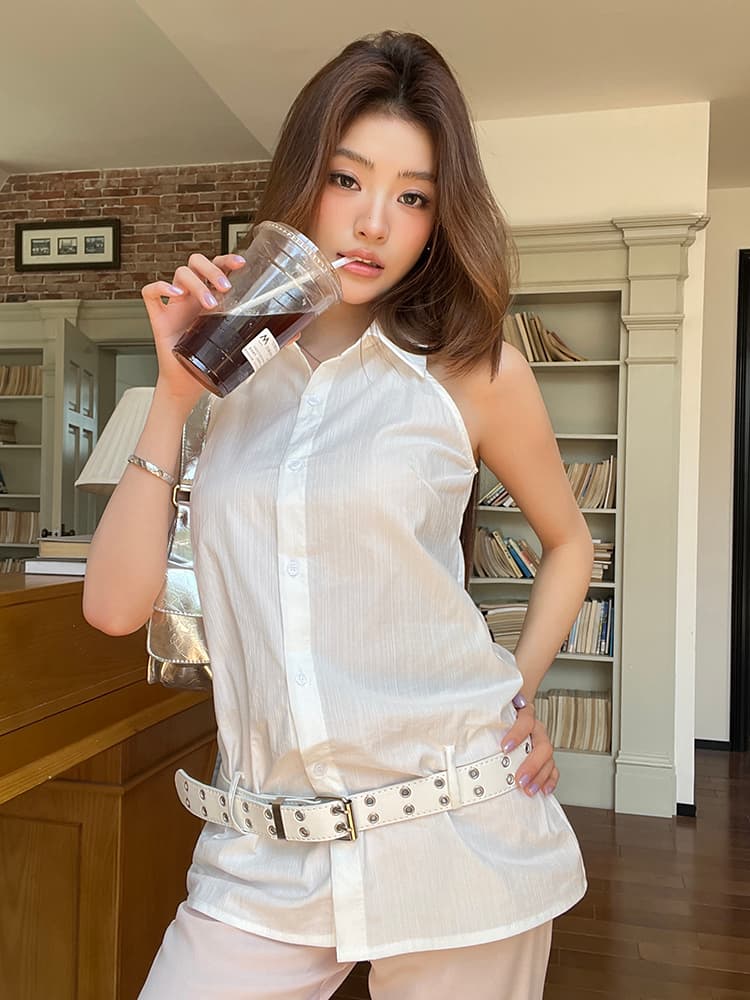 실사 2026 여름 드레스 새로운 디자인 폴로 칼라 민소매 화이트 셔츠 조끼 여성 세련된 품격 다용도 맨위 상세 이미지 33
