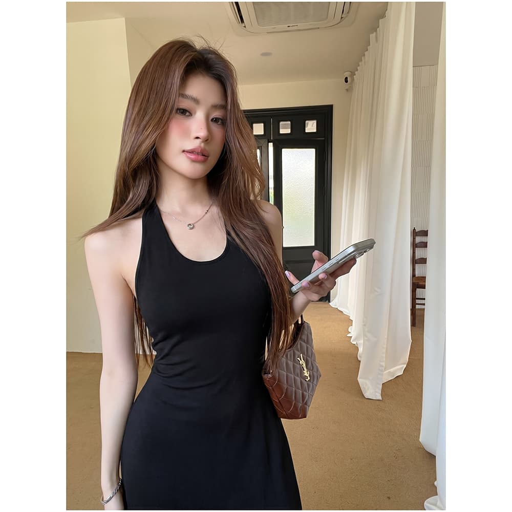실사 2026 여름 드레스 새로운 신선함 여름 행침 목 백리스 타이트 여성 드레스 품격 섹시함 길다 치마 이미지 4
