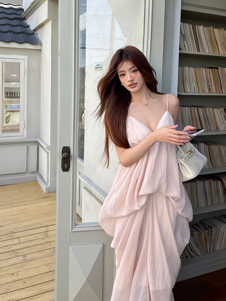 실사 2026 여름 드레스 새로운 질감 센스 휴가 여성 드레스 순수한 욕망 V넥 슬립 드레스 품격 꽃밭 롱 스커트 상세 이미지 12