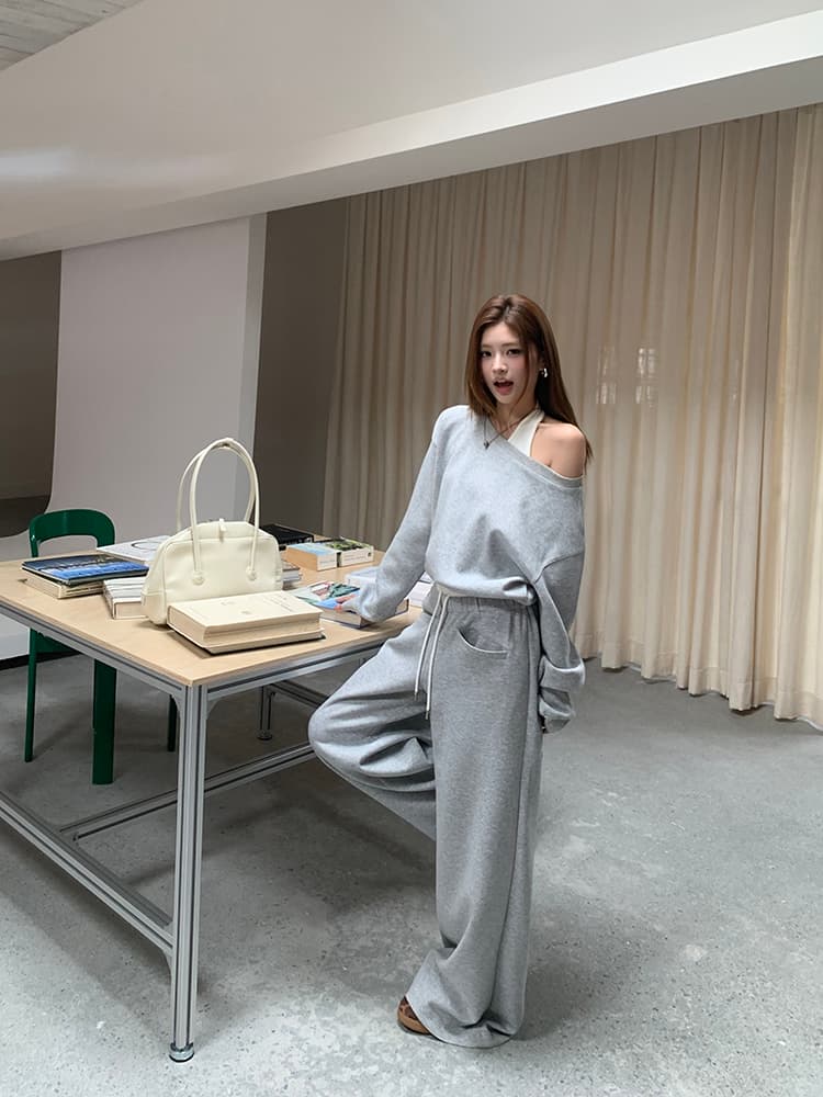 실사 2026 가을 새로운 디자인 센스 비스듬한 어깨 후드티 행침 목 조끼 와이드 레그 팬츠 긴 바지 세 조각 세트 여성 상세 이미지 47