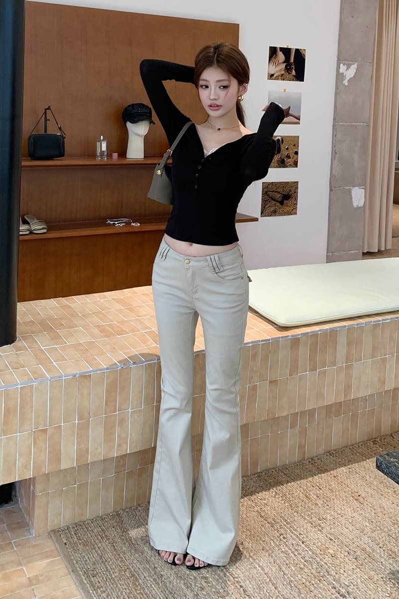 실사 가을 새로운 오래된 돈 바람 카드 색상 중 로우 웨이스트 마이크로 나팔 청바지 여성 몸매 가꾸기 슬림해 보이는 롱 바지 이미지 7