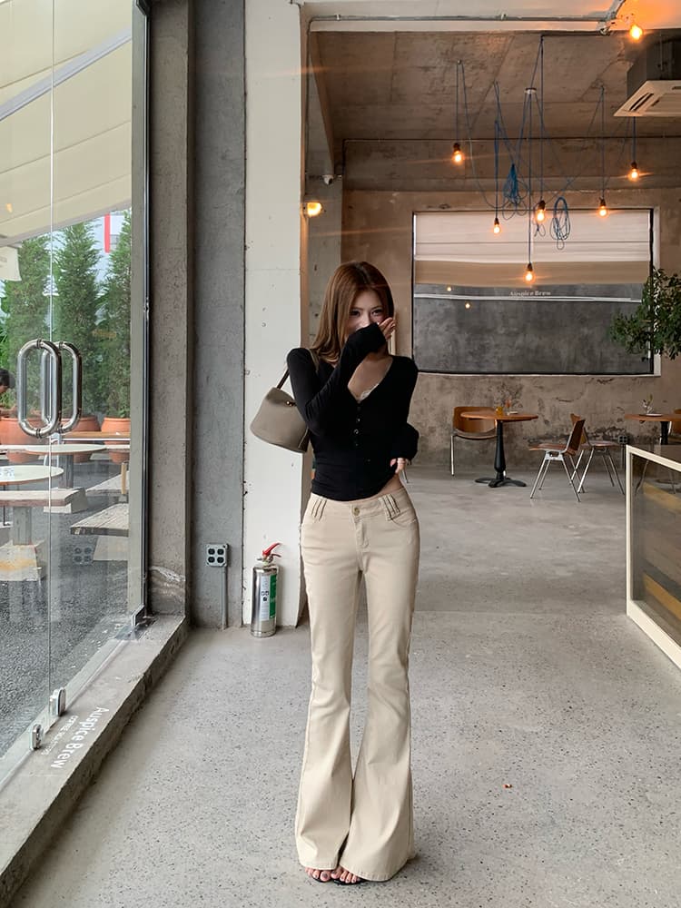 실사 가을 새로운 오래된 돈 바람 카드 색상 중 로우 웨이스트 마이크로 나팔 청바지 여성 몸매 가꾸기 슬림해 보이는 롱 바지 상세 이미지 15