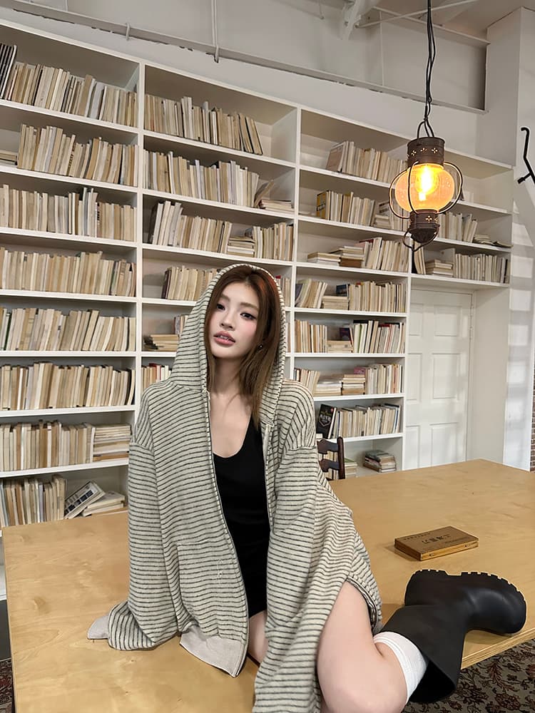 실사 2026 가을 새로운 아메리칸 레트로 스트라이프 후드티 여성 코트 느긋한 루즈핏 캐주얼 까마귀 맨위 상세 이미지 19