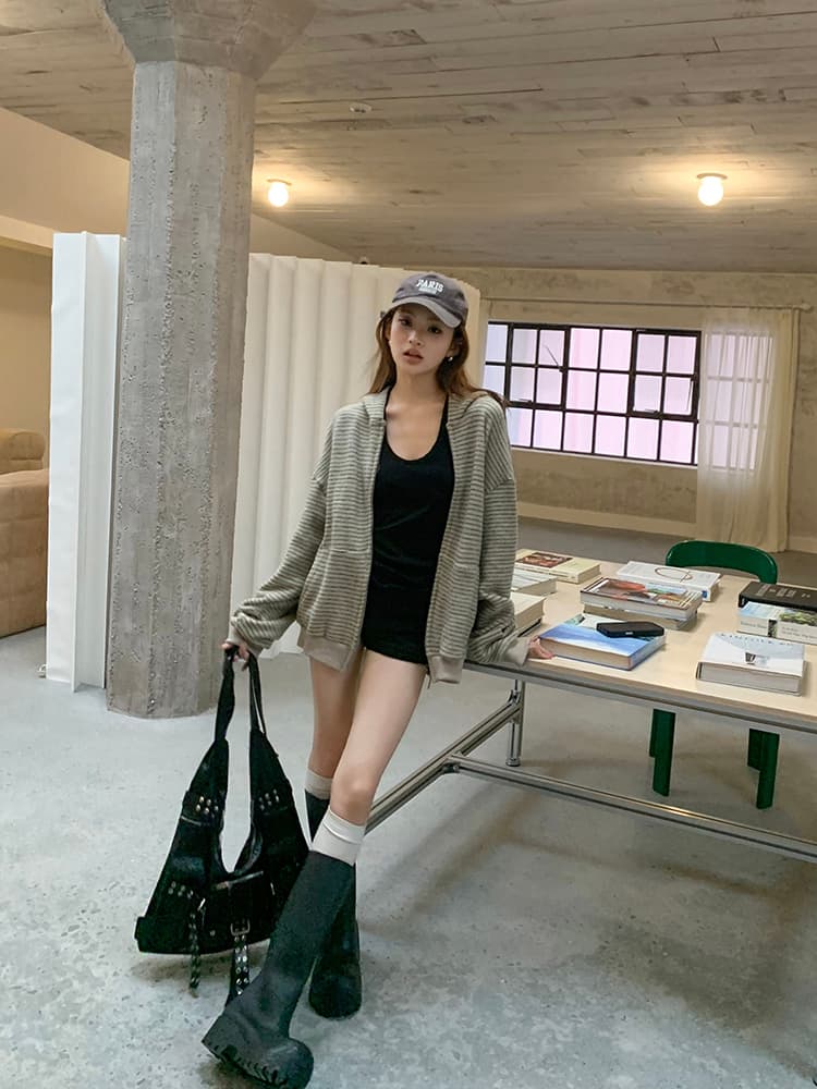 실사 2026 가을 새로운 아메리칸 레트로 스트라이프 후드티 여성 코트 느긋한 루즈핏 캐주얼 까마귀 맨위 상세 이미지 43