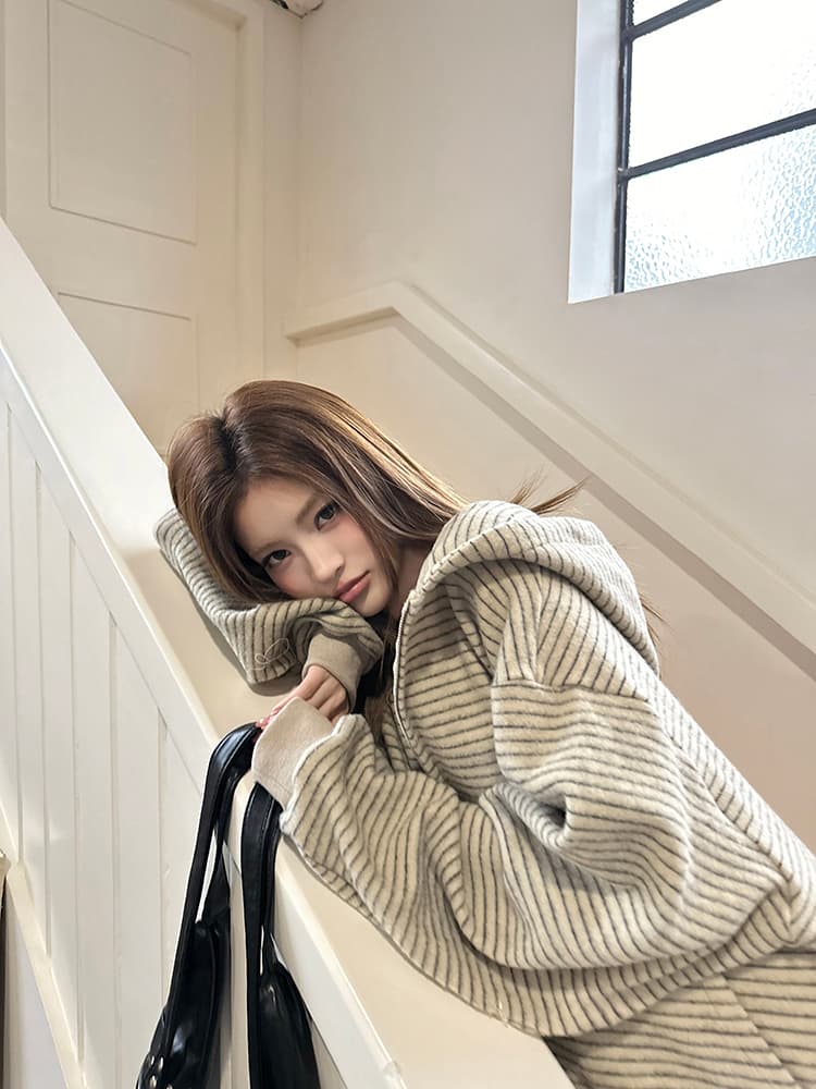 실사 2026 가을 새로운 아메리칸 레트로 스트라이프 후드티 여성 코트 느긋한 루즈핏 캐주얼 까마귀 맨위 상세 이미지 45
