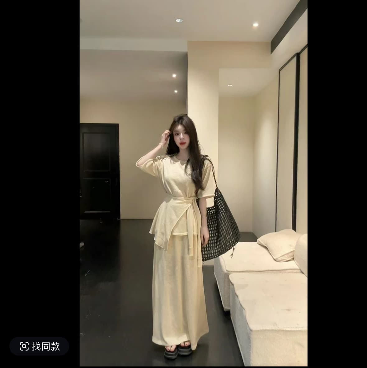 huihui 새로운 느긋한 바람 루즈핏 반팔 맨위 가져 가라. 반신 스커트 세 조각 세트 이미지 2