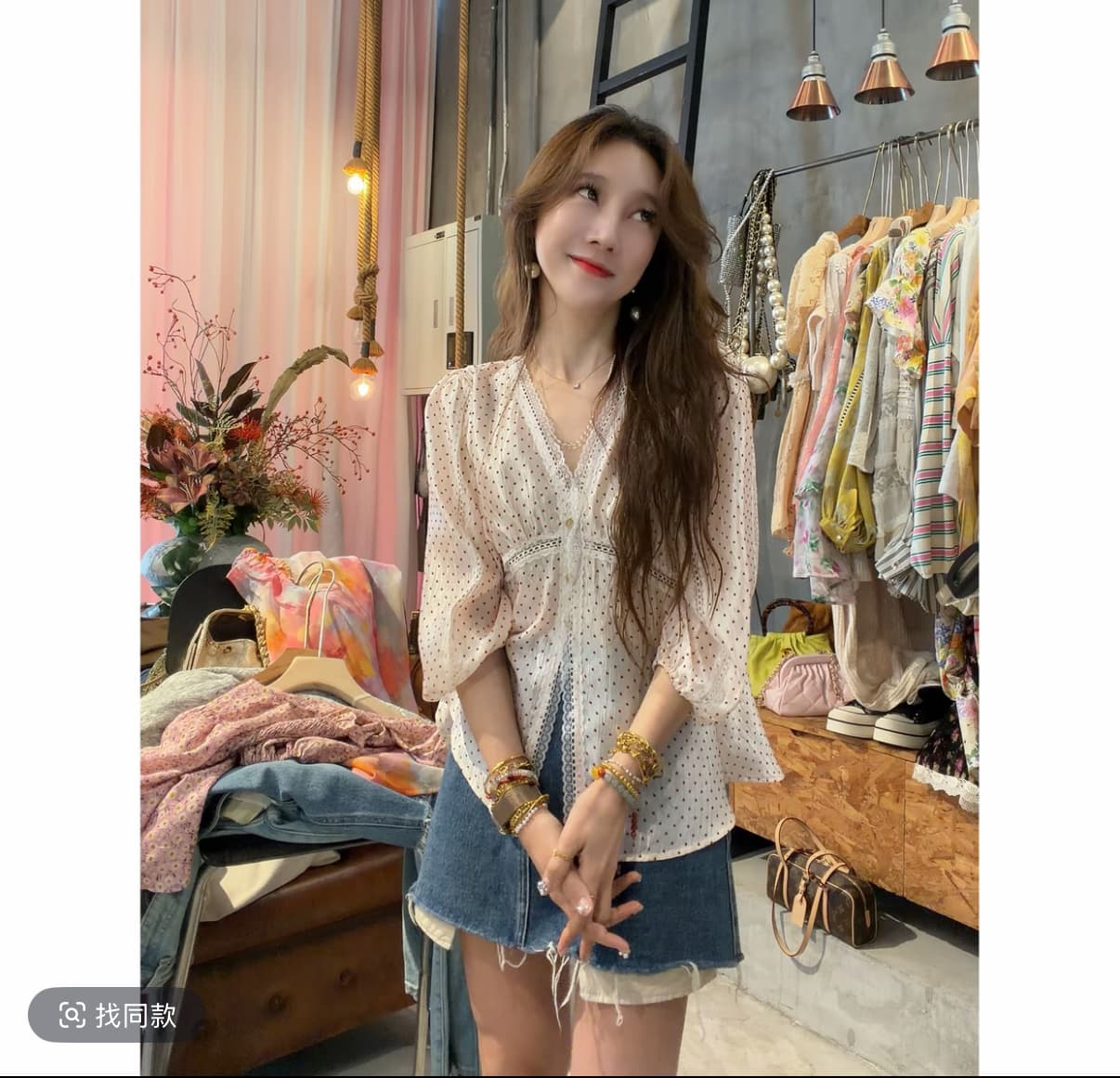 프라임 당겨서 유럽 니켈 착용 가져 가라. 프랑스식 품격 디자인 암퇘지 빛 도트 무늬 레이스 레이스 자외선 차단 셔츠 이미지 2
