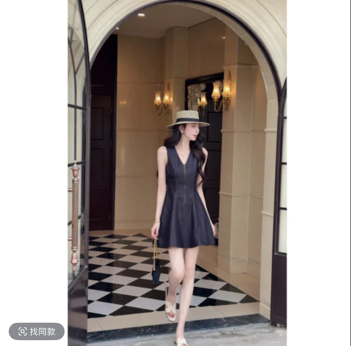 봄 가을 棠 색상 프랑스식 부드러운 바람 V넥 허리 수축 드레스 민소매 지퍼 조끼 스커트 고급 센스 품격 상세 이미지 2