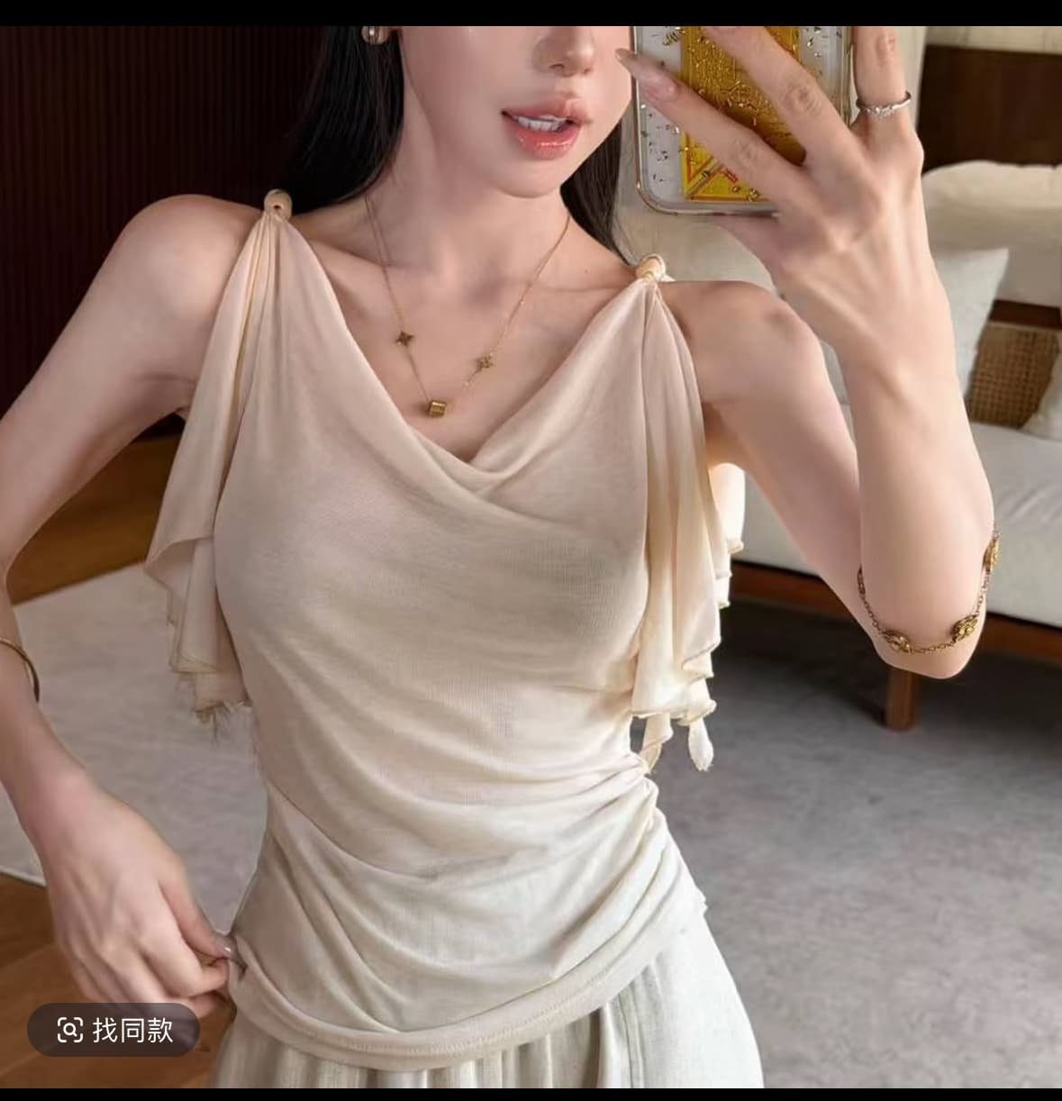 핑크색 丨 흐름 구름 청소 결점 프랑스식 비즈 흔들다 칼라 도루 느낌 측면 민소매 맨위 이미지 4