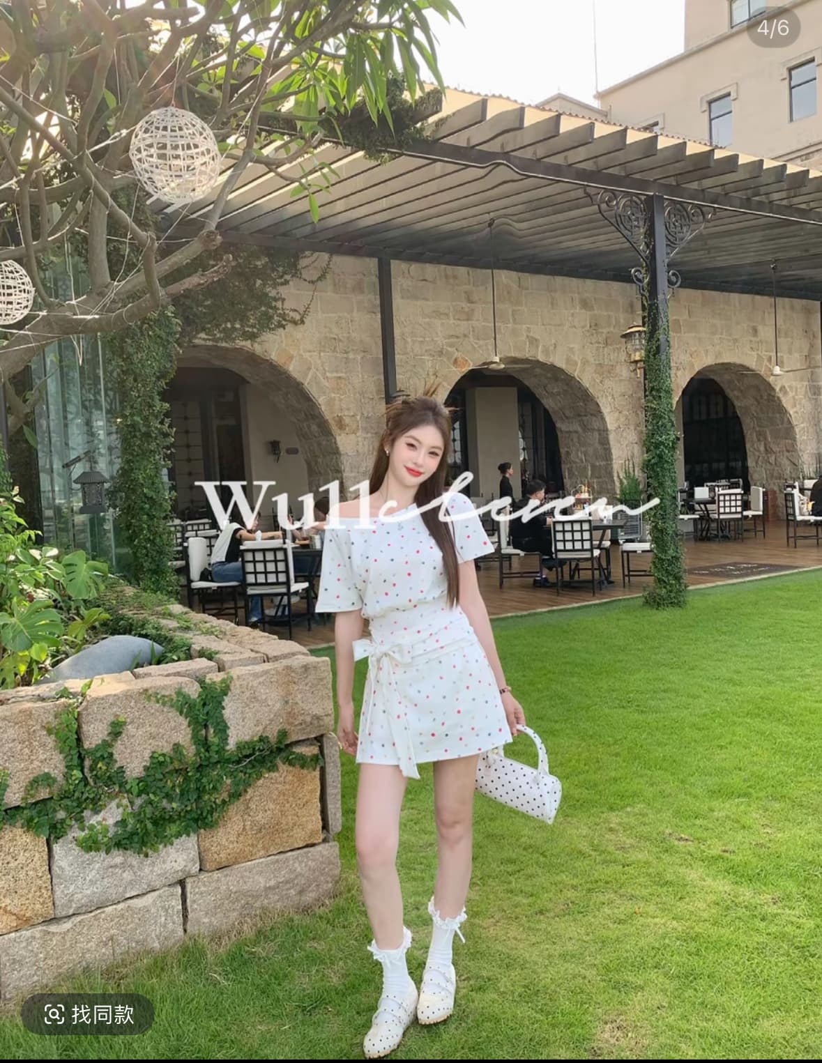wu11 한 부서 외국 가스 연령 감소 품격 도트 무늬 허리 수축 맨위 트임 반 스커트 투피스 세트 이미지 4