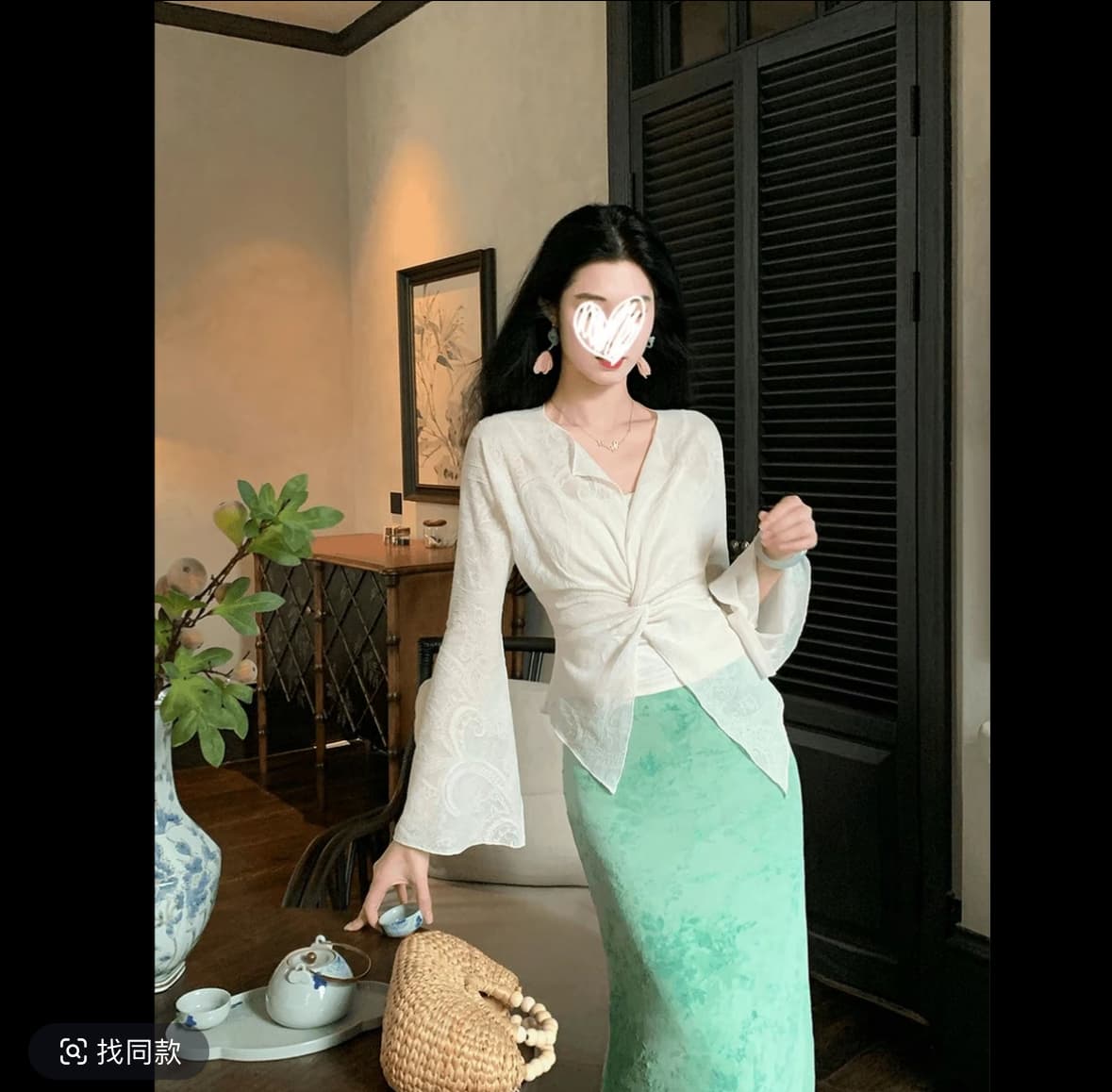 달빛 흰색 바람 요금 레트로 품격 비틀림 허리 수축 슬림해 보이는 맨위 녹색 염색 식물 플러시 자카드 반 스커트 이미지 4