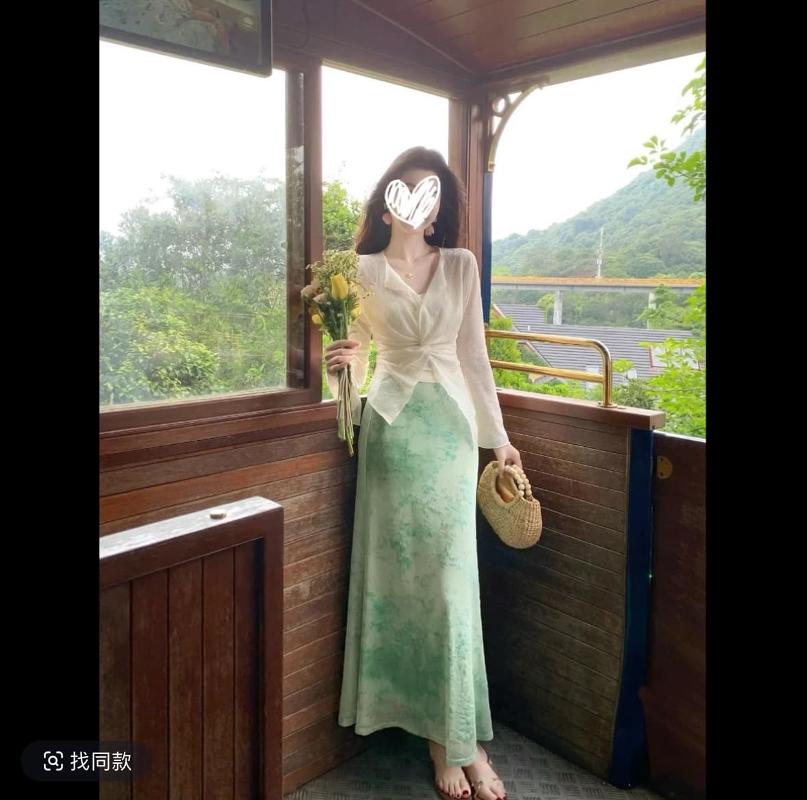 달빛 흰색 바람 요금 레트로 품격 비틀림 허리 수축 슬림해 보이는 맨위 녹색 염색 식물 플러시 자카드 반 스커트 이미지 3