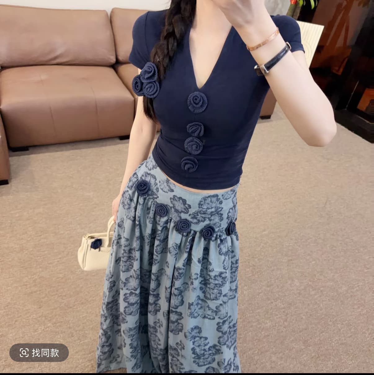 보헤미안 휴가 바람 파란색 V넥 맨위 큰 진자 홀치기 염색 반신 스커트 투피스 세트 상세 이미지 1