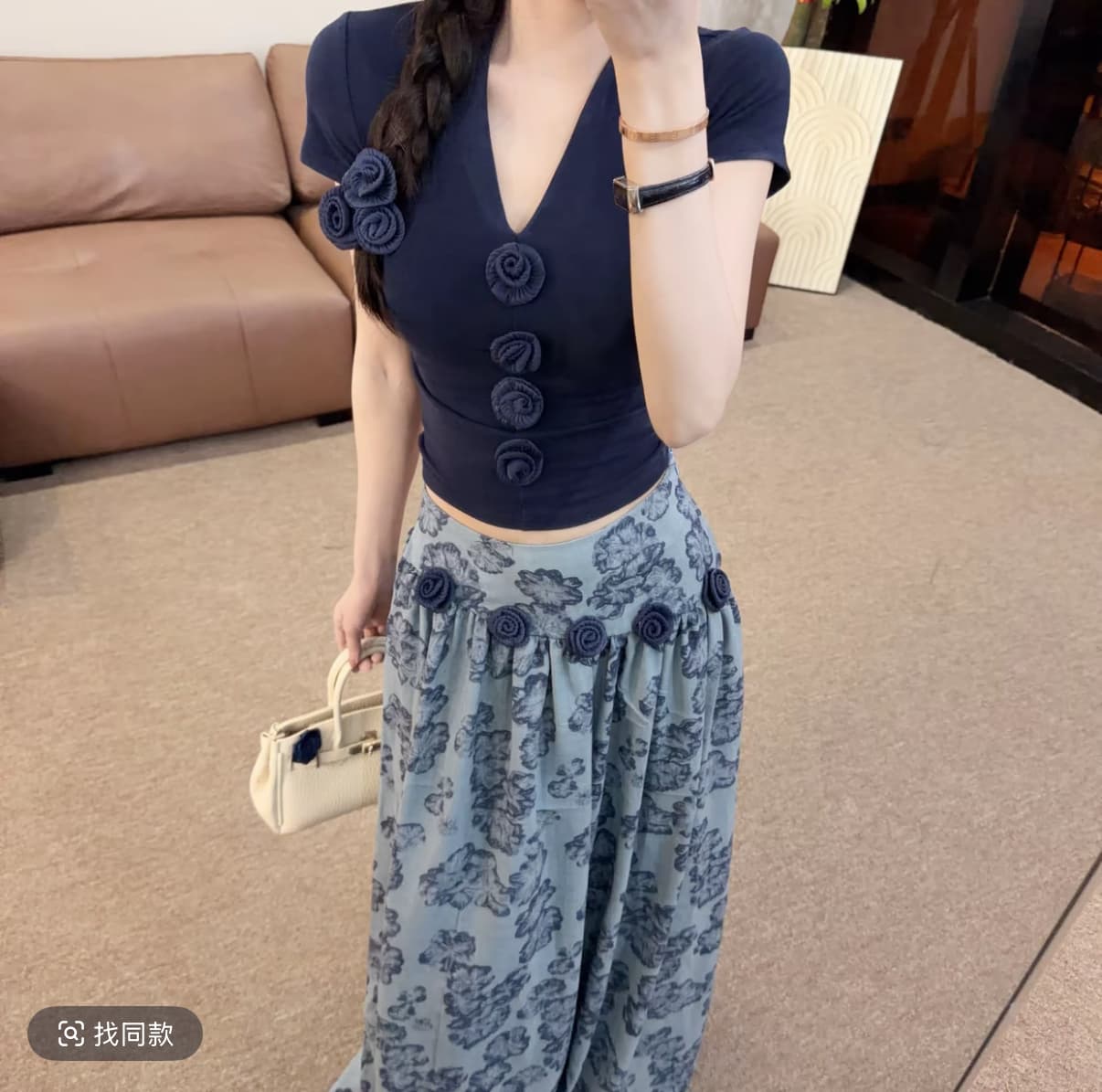 보헤미안 휴가 바람 파란색 V넥 맨위 큰 진자 홀치기 염색 반신 스커트 투피스 세트 상세 이미지 2