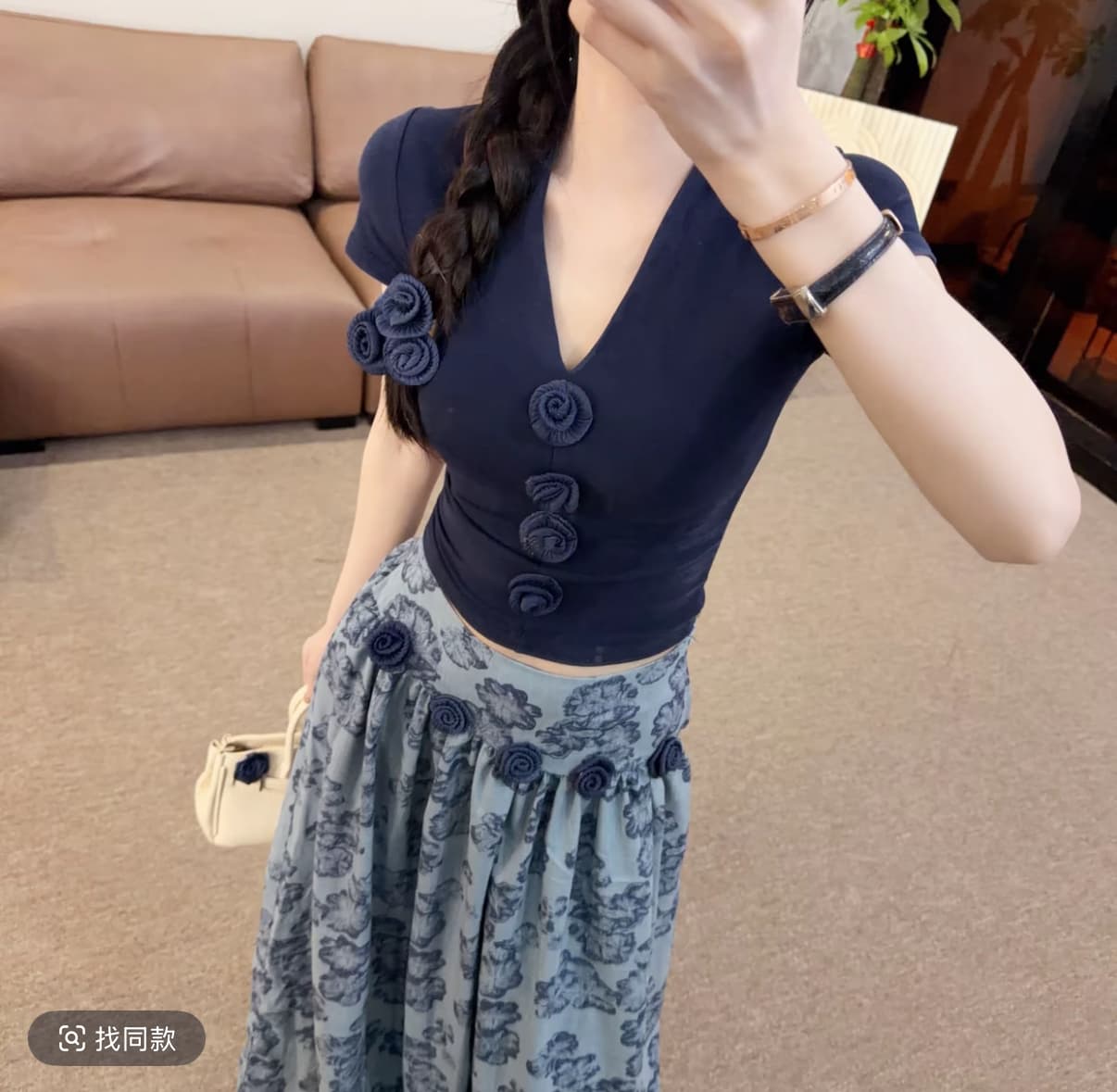 보헤미안 휴가 바람 파란색 V넥 맨위 큰 진자 홀치기 염색 반신 스커트 투피스 세트 상세 이미지 3