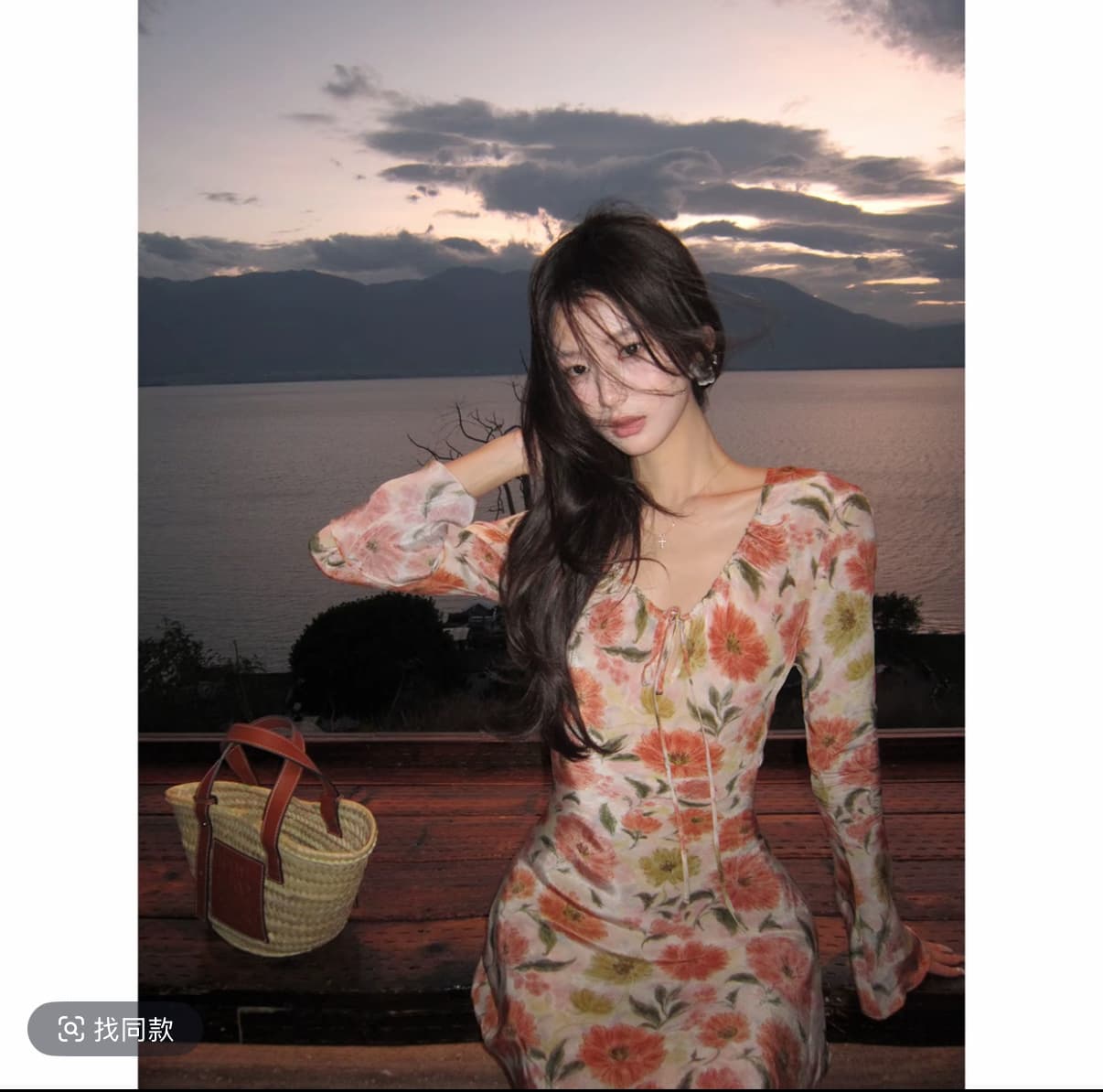 얼음 모래 여름 프랑스식 빛 럭셔리 주황색 작은 꽃 나팔 소매 레이스업 v 칼라 도루 센스 롱 스커트 상세 이미지 1