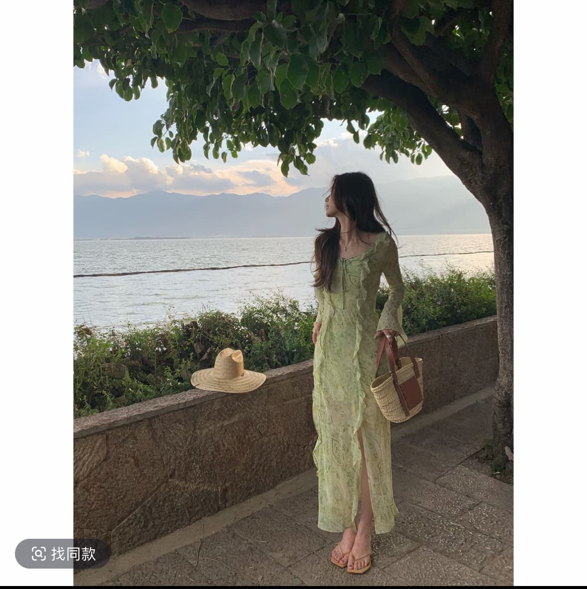 서부 지역 재스민 프랑스식 프릴 프린트 마이크로 ~을 통해 쉬폰 v 칼라 휴가 바람 요정 롱 스커트 이미지 3