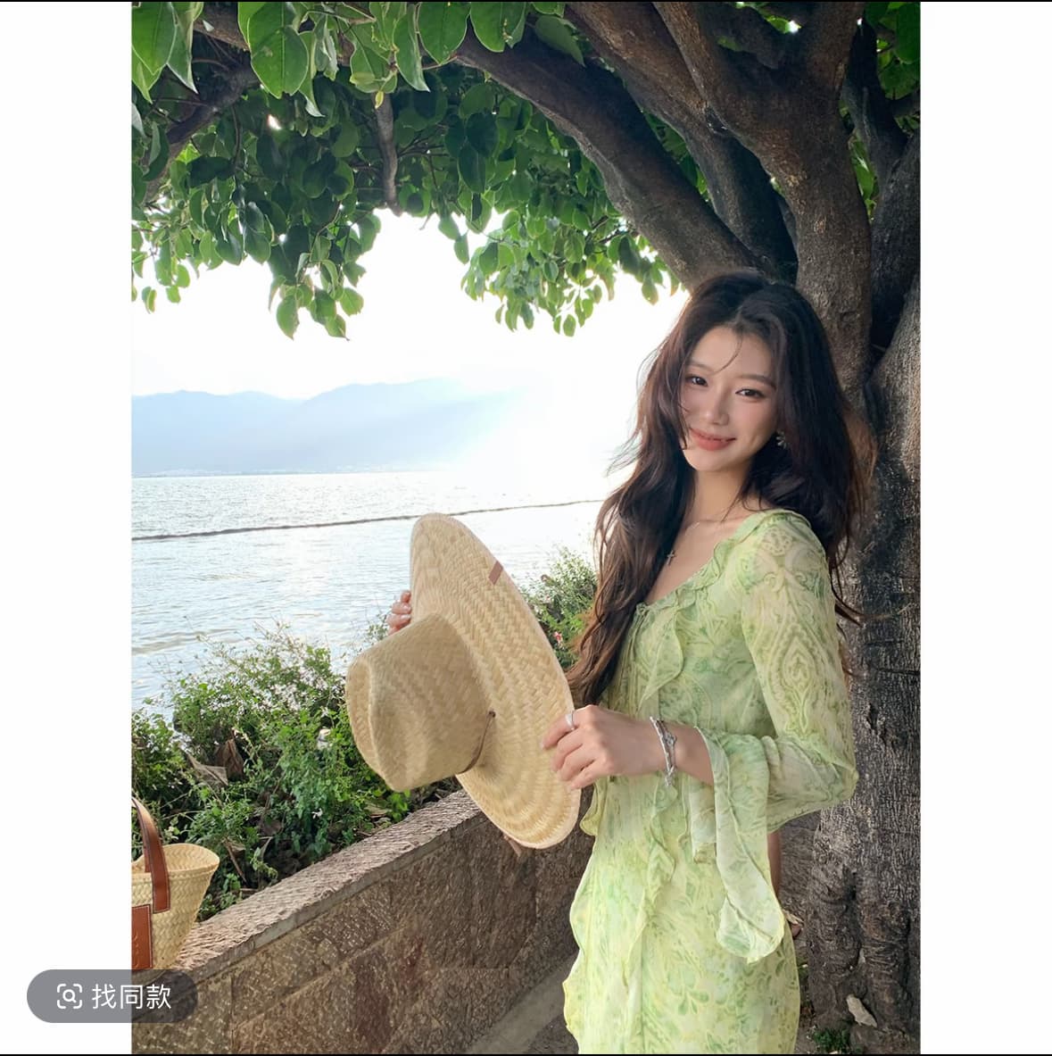 서부 지역 재스민 프랑스식 프릴 프린트 마이크로 ~을 통해 쉬폰 v 칼라 휴가 바람 요정 롱 스커트 이미지 4