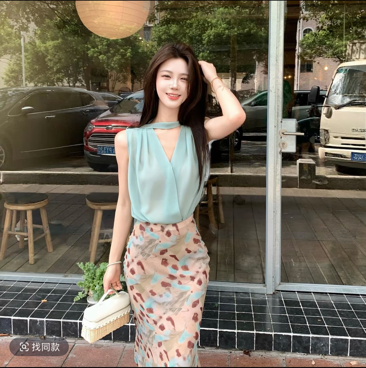 무쯔리 목자이 ~ 중 리 임신 한 비 연애 편지 박하 행침 목 민소매 맨위 헤일로 염색 반신 스커트 부드러운 품격 세트 이미지 3
