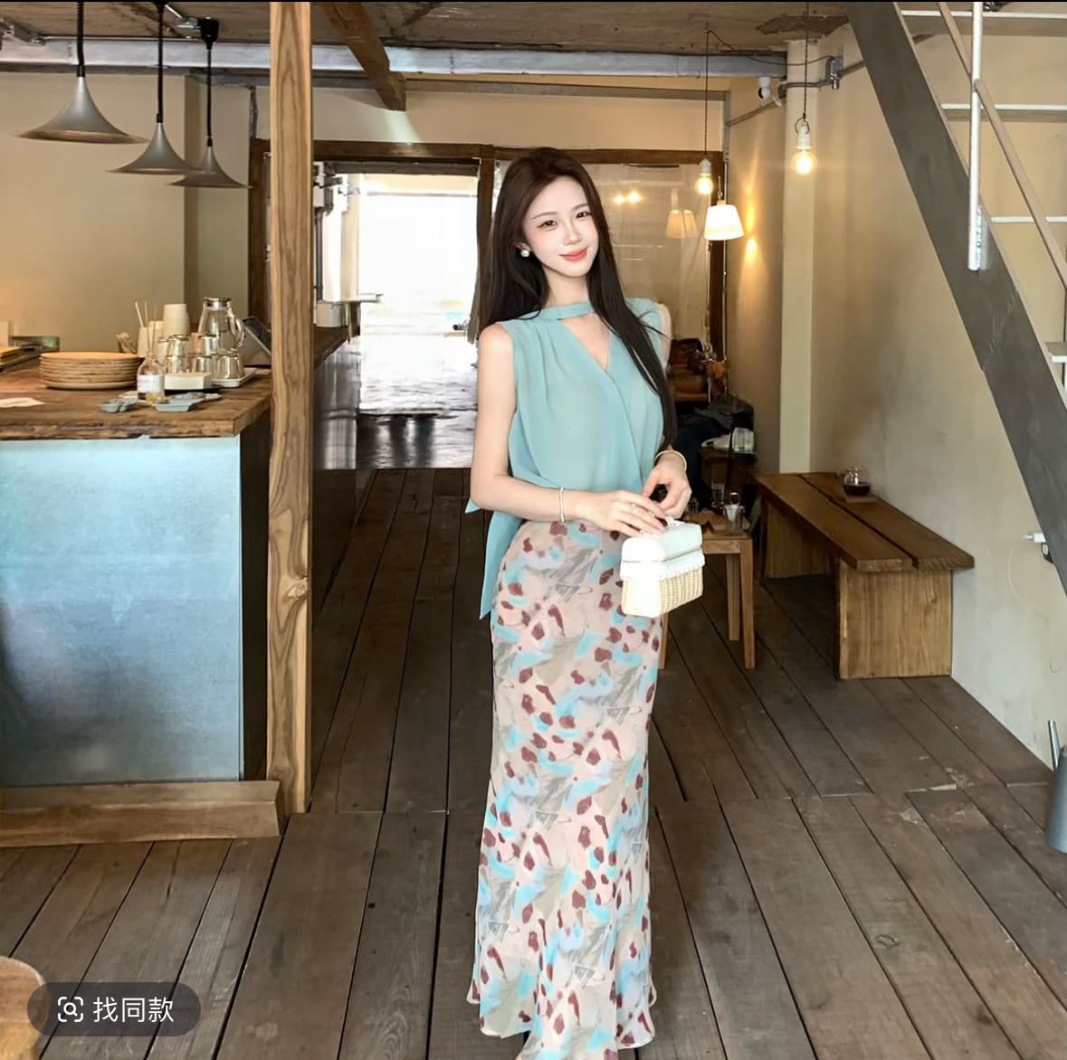 무쯔리 목자이 ~ 중 리 임신 한 비 연애 편지 박하 행침 목 민소매 맨위 헤일로 염색 반신 스커트 부드러운 품격 세트 이미지 2