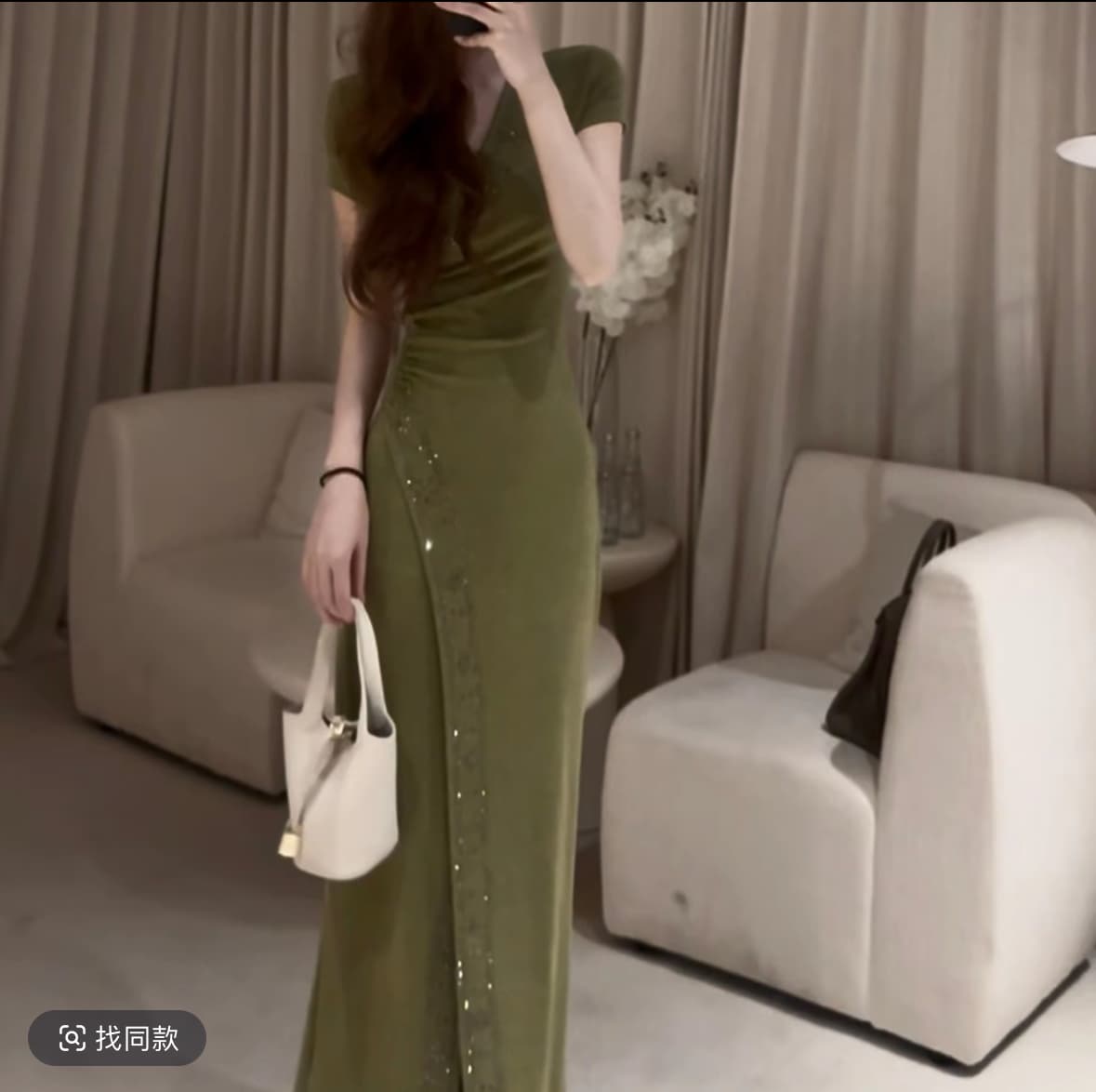 세이지 녹색 여름 전투 치마 프랑스식 빛 럭셔리 분위기 센스 여름 새로운 세이지 녹색 트임 드레스 이미지 3