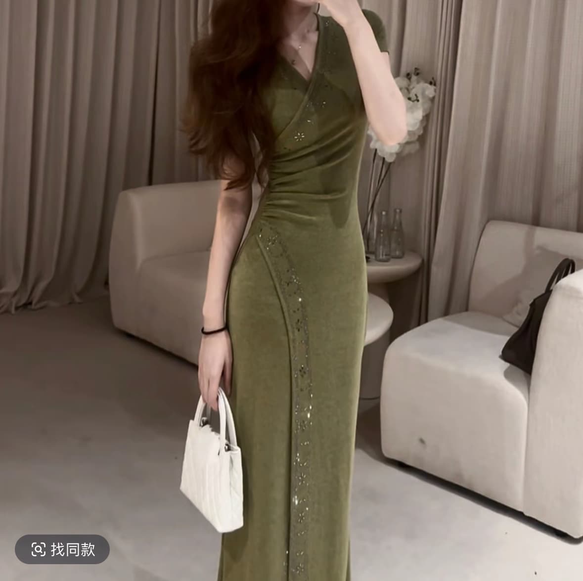 세이지 녹색 여름 전투 치마 프랑스식 빛 럭셔리 분위기 센스 여름 새로운 세이지 녹색 트임 드레스 이미지 2