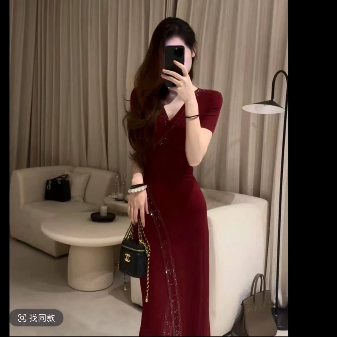 레트로 품격 보 艮 처음 빨간색 프랑스식 빛 럭셔리 분위기 센스 보 艮 처음 빨간색 디스플레이 화이트 슬림해 보이는 트임 드레스 이미지 3