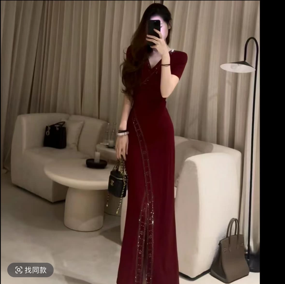 레트로 품격 보 艮 처음 빨간색 프랑스식 빛 럭셔리 분위기 센스 보 艮 처음 빨간색 디스플레이 화이트 슬림해 보이는 트임 드레스 이미지 4