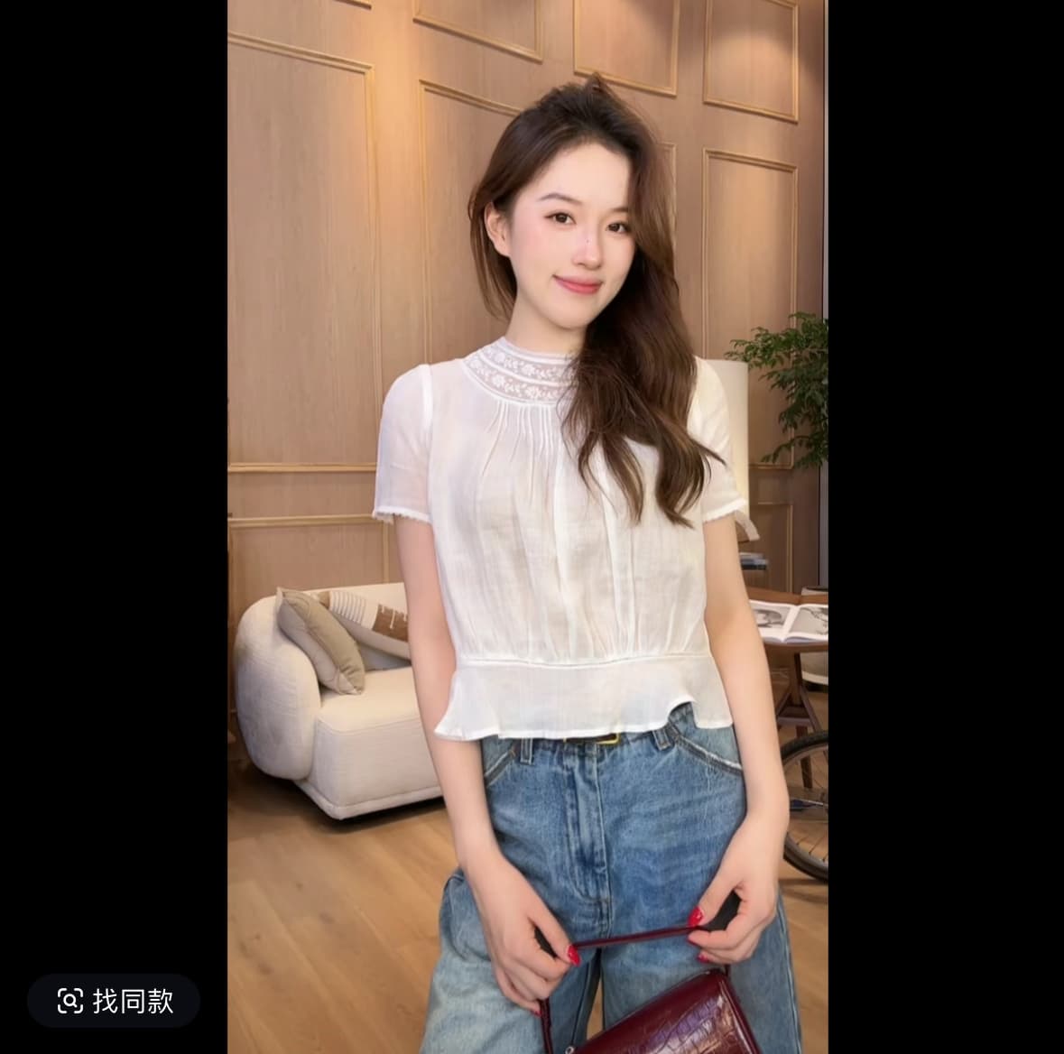 utwu 작은 민 하얀 달빛 1oo 라미 양면 착용 무거운 작업 레이스 조각 반팔 작은 셔츠 이미지 2
