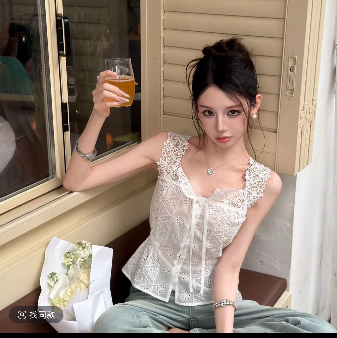 핑크색 丨 레이스 여름 꿈 프랑스식 광장 칼라 홀로우 아웃 허리 수축 슬림해 보이는 민소매 캐미솔 이미지 4