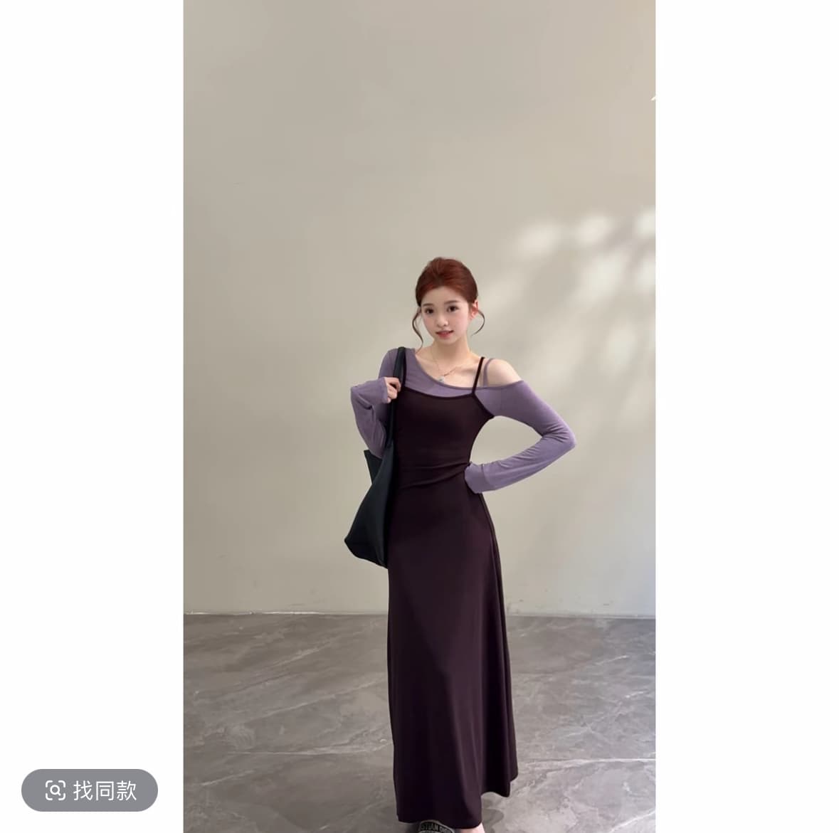 노래 송 이른 가을 새로운 작은 대중 배색 허리 수축 슬림해 보이는 품격 페이크 레이어드 긴팔 슬립 드레스 이미지 3