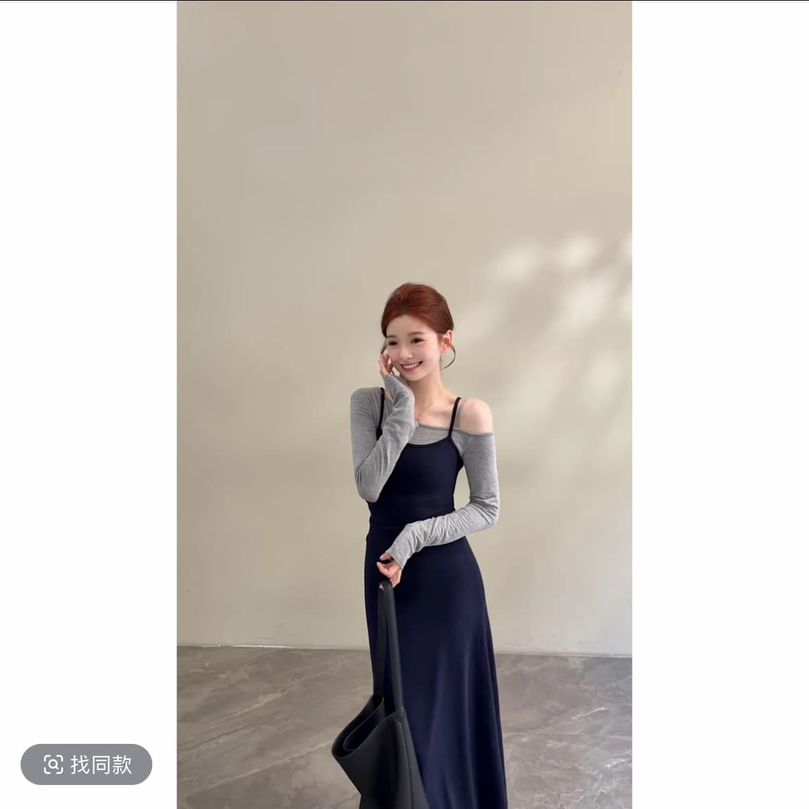 노래 송 이른 가을 새로운 작은 대중 배색 허리 수축 슬림해 보이는 품격 페이크 레이어드 긴팔 슬립 드레스 이미지 4