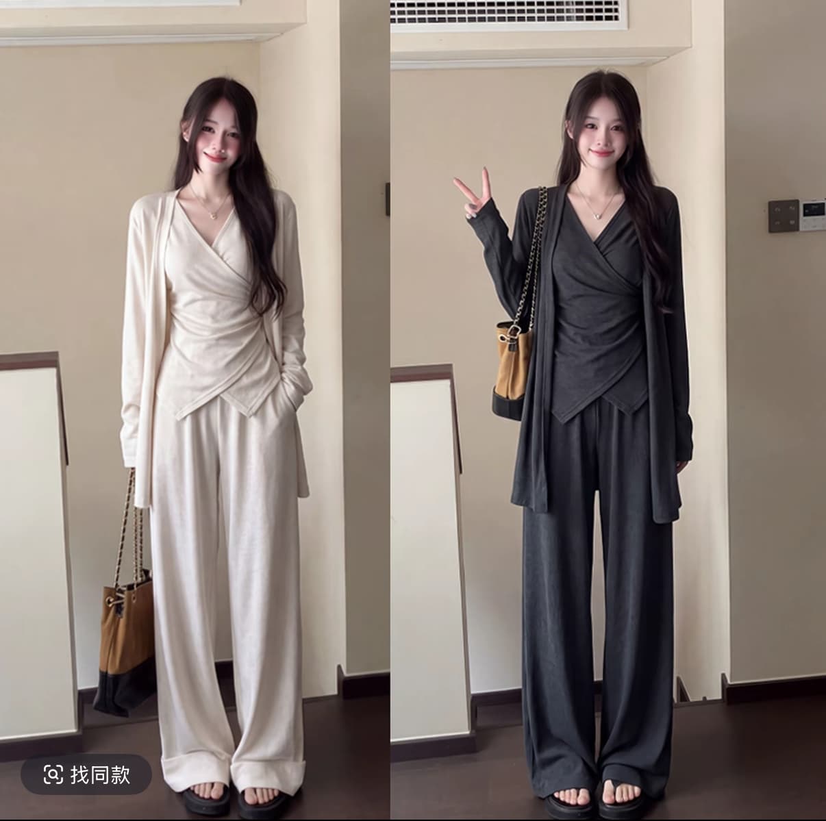 빅 사이즈 지방 mm 자이언트 슬림해 보이는 세트 슬립 외부 피 긴 바지 캐주얼 세 조각 여성 세트 봄 가을 품격 착용 가져 가라. 전체 집합 상세 이미지 1