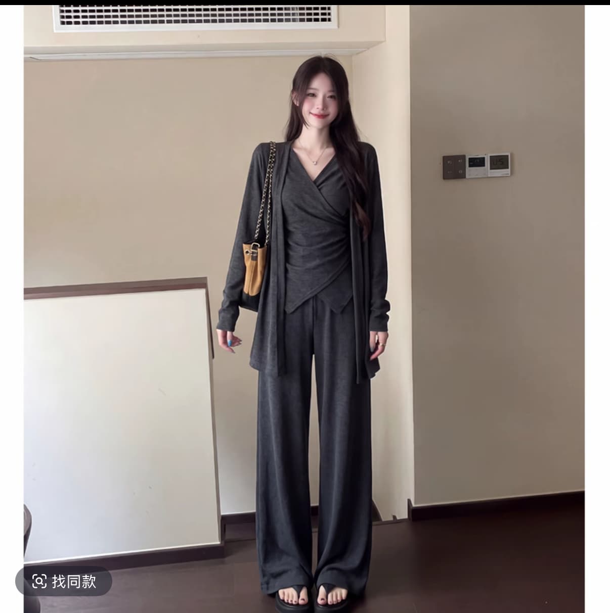 빅 사이즈 지방 mm 자이언트 슬림해 보이는 세트 슬립 외부 피 긴 바지 캐주얼 세 조각 여성 세트 봄 가을 품격 착용 가져 가라. 전체 집합 상세 이미지 3