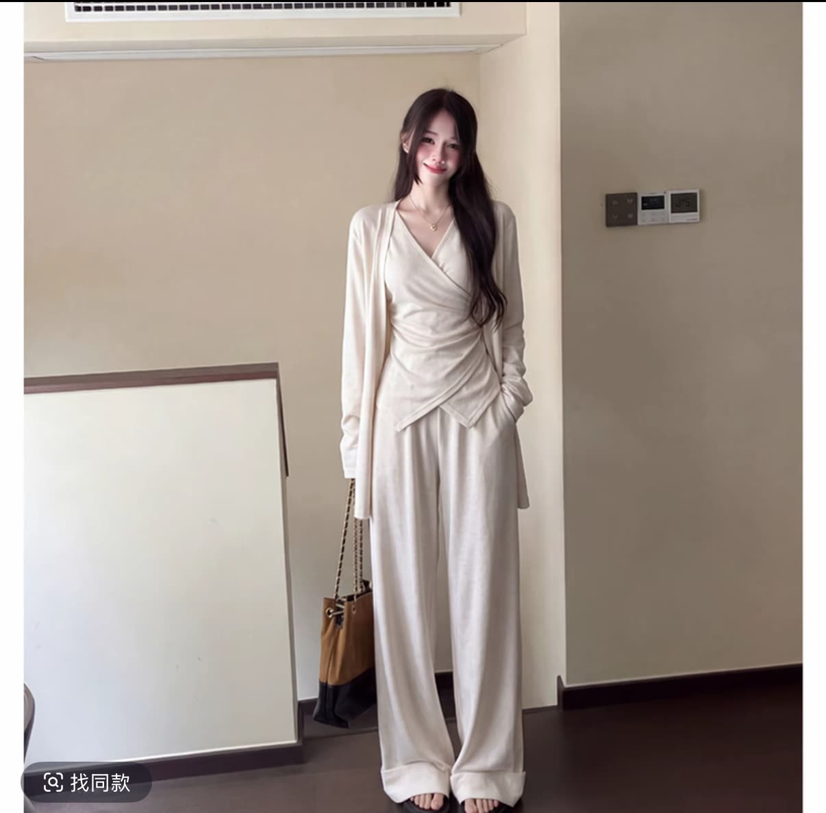 빅 사이즈 지방 mm 자이언트 슬림해 보이는 세트 슬립 외부 피 긴 바지 캐주얼 세 조각 여성 세트 봄 가을 품격 착용 가져 가라. 전체 집합 상세 이미지 4