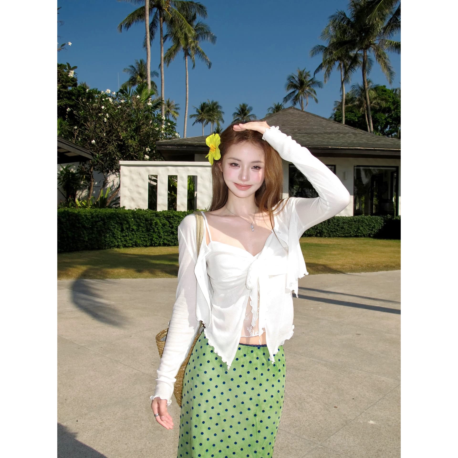 ashy snow 캡처 꿈 소녀 화이트 레이스 조각 디자인 슬립 오픈 가디건 투피스 세트 일상 비틀림 이미지 5